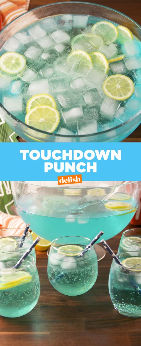 Touchdown Punch scores every time. Get the recipe at Delish.com. #recipe #punch #superbowl #football #sports Super Bowl Shots Recipe, Game Day Alcoholic Drinks, Big Punch Bowl Parties, Party Punch Bowl Alcohol, Superbowl Drink Ideas, Super Bowl Batch Cocktails, Superbowl Nonalcoholic Drinks, Super Bowl Party Drink Ideas, Super Bowl Themed Drinks