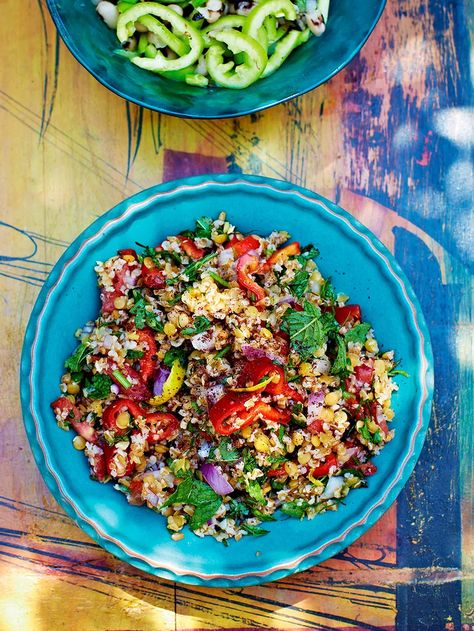 Bulgur Wheat & Lentil Salad | Vegetable Recipes | Jamie Oliver Bulgur Wheat Recipes, Bulgur Recipes, Tabbouleh Recipe, Lentil Salad Recipes, Bulgar Wheat, Bulgur Wheat, Bulgur Salad, Vegan Summer Recipes, Wheat Recipes