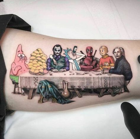 Funny Tattoo, Tattoo Artists Near Me, Kunst Tattoos, Geniale Tattoos, Tatuaje A Color, The Last Supper, Weird Tattoos, Funny Tattoos, Cartoon Tattoos