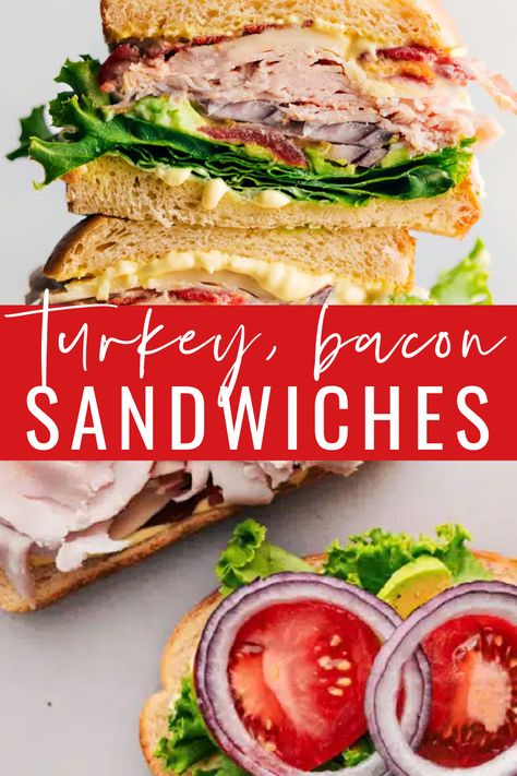 This Turkey Bacon Avocado Sandwich brings together creamy avocado, savory turkey, and crispy bacon on toasted sourdough, topped off with an amazing three-ingredient sandwich sauce. It’s the absolute best sandwich! #dinner #quick #easy #simple #leftoverturkey #familyfriendly #kidfriendly #turkeybaconavocado #turkeysandwich Ciabatta Turkey Sandwich, Sourdough Turkey Sandwich, Turkey And Bacon Sandwich, Turkey Bacon Swiss Sandwiches, Smoked Turkey Sandwich Recipes, Deli Turkey Recipes Dinner, Turkey Breast Sandwich, Turkey Bacon Sandwich, Bacon Avocado Sandwich