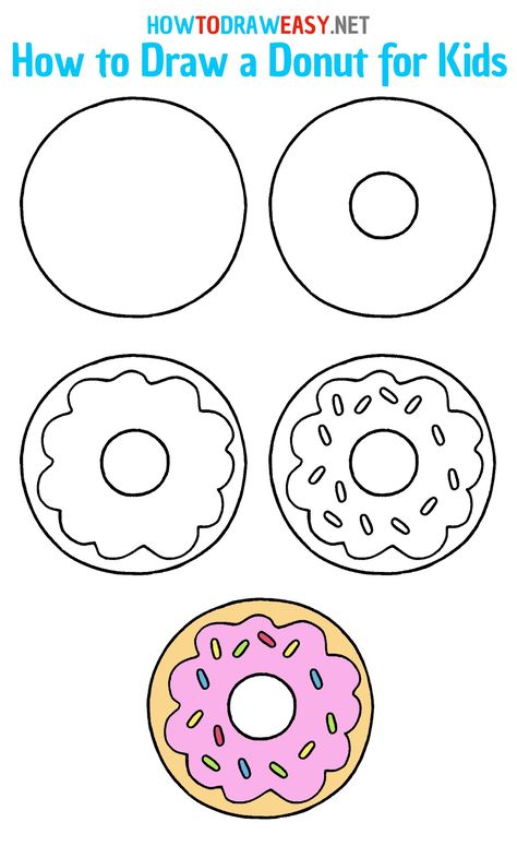 How to Draw a Donut #Donut #Donuts #DunkinDonuts #TheSimpsons #Homer #HomerSimpson #Food #FastFood How To Draw A Donut Step By Step, How To Draw A Doughnut, Simple Donut Drawing, Step By Step Drawing For Preschoolers, Easy Pictures To Draw For Kids, How To Draw Donut, How To Draw A Donut, Kids How To Draw Step By Step, Drawing Ideas For Kids Step By Step