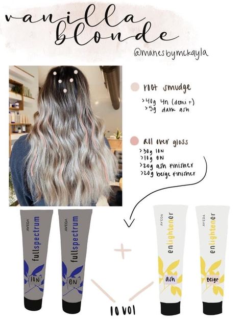 Aveda blondes Aveda Formulas, Blonde Hair Color Chart, Blonde Colors, Aveda Hair Color, Balayage Hair Tutorial, Vanilla Blonde, Blonde Toner, Hair Pics, Ash Blonde Hair Colour