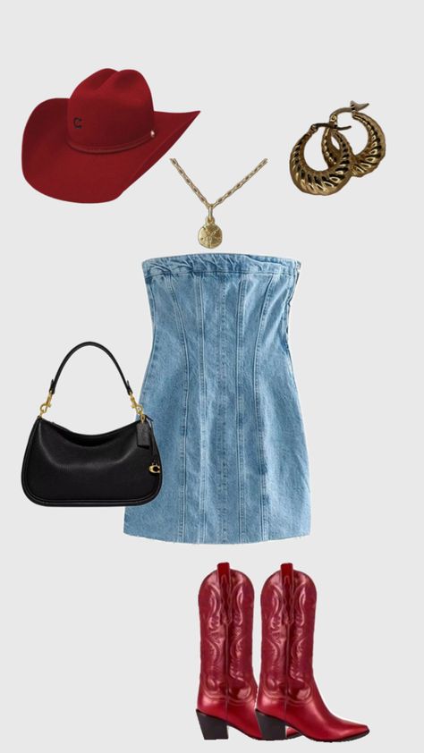 #ootd #outfit #red #country #countryoutfit #cowboy #cowgirl #denim #denimdress #boots #redboots #cowboyboots #gold #jewelry #goldjewelry #outfitstyle #concert #concertoutfit #concertootd #stylr Luke Bryan Concert Outfit, Calgary Stampede Outfits, Cma Fest Outfit, Fsu Gameday Outfit, Stampede Outfit, Red Cowboy Boots Outfit, College Gameday Outfits, Outfit Botas, Look Boho Chic