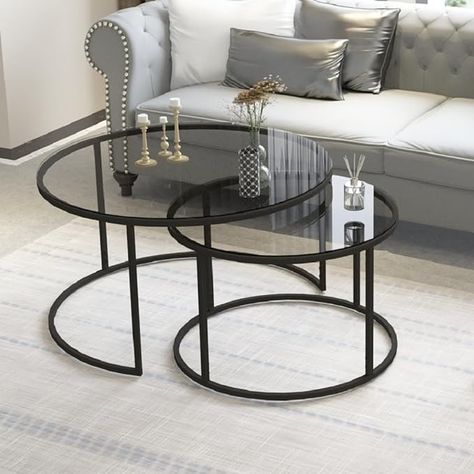 Amazon.com: DEKOPRATIK - Tokyo Coffee Table Round Smoked Glass Set of 2-31.5 Inch - Modern Center Living Room Table Set for Sala, Easy Assembly, Black Metal Frame, Mesas de Centro para Sala : Home & Kitchen Round Black Coffee Table, Round Living Room Table, Living Room Table Set, Dark Wood Coffee Table, Living Room Addition, Coffee Table Metal Frame, Round Center Table, Round Coffee Table Sets, Center Table Living Room