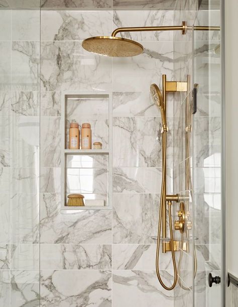 Rainhead Shower, Master Bath Suite, Bilik Air, Shower Remodel Diy, Sophisticated Bathroom, Brass Fixtures, Corner Shower, Bathroom Trends, Shower Remodel