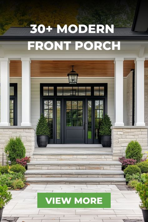 A grand front porch with modern columns and an open design, featuring a wide stone pathway and lush greenery, creating a sophisticated and welcoming entrance. Modern Contemporary Porch, Front Porch With Arches, Updated Front Porch Columns, Front Porch Stucco House, Large Porch Decor, Styling Front Porch, Modern Exterior Columns, Small Exterior Entryway Ideas, Organic Modern Front Porch