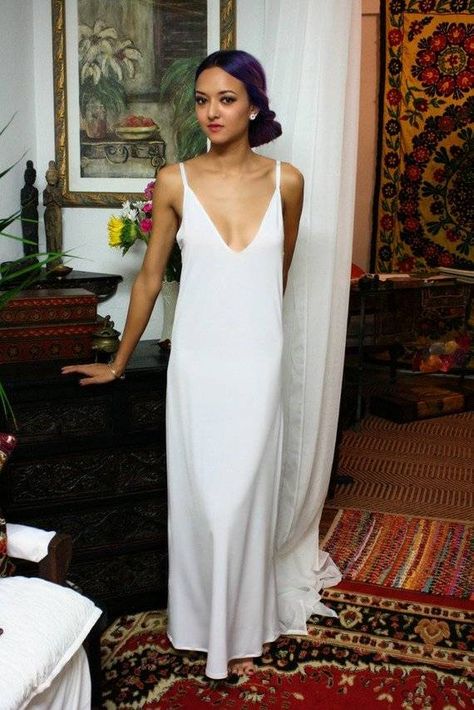 25 Slip Wedding Dresses for the Minimal Bride | Who What Wear 90s Wedding Dress, Slip Wedding Dress, Slip Nightgown, Sheer Gown, White Slip Dress, Deep Plunge, Wedding Dress Trends, Silk Slip Dress, White Slip