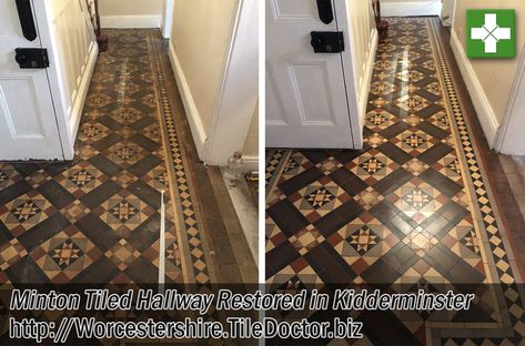 I received this Tile Doctor enquiry from a customer in the historic market town of Kidderminster who had a Victorian Minton Tiled hallway floor that had been covered in carpet for a long time. The carpet had since been removed and now the floor was fully exposed you could see it was covered in carpet glue and dirty with ingrained grime. Worcestershire.tiledoctor.biz/restoration-of-a-victorian-minton-tiled-hallway-floor-in-kidderminster Tiled Hallway Floor Victorian, Hallway Victorian, Edwardian Floor Tiles, Tiled Hallway Floor, Tiles Hallway, Early 1900s Floor Tiles, Victorian Doorstep Tiles, Carpet Glue, Red And Black Victorian Floor Tiles