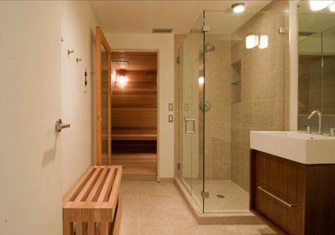 basement sauna Home Gym Bathroom Ideas, Sauna In Closet, Dry Sauna In Bathroom, Sauna In Basement, Basement Bathroom With Sauna, Basement Sauna And Gym, Small Sauna In Bathroom, 2 Person Sauna In Bathroom, Basement Sauna Shower