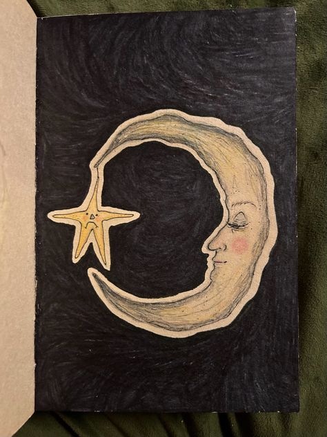 sketchbook, sketchbook page, sketchbook inspo, drawing, art, How To Draw A Moon With A Face, Drawing Ideas Moon And Stars, Cool Moon Drawings, Cutout Sketchbook Pages, Star Night Drawing, Crescent Moon Drawing Aesthetic, Moon Drawing Color, Moon Drawing Tutorial, Moon Face Drawing