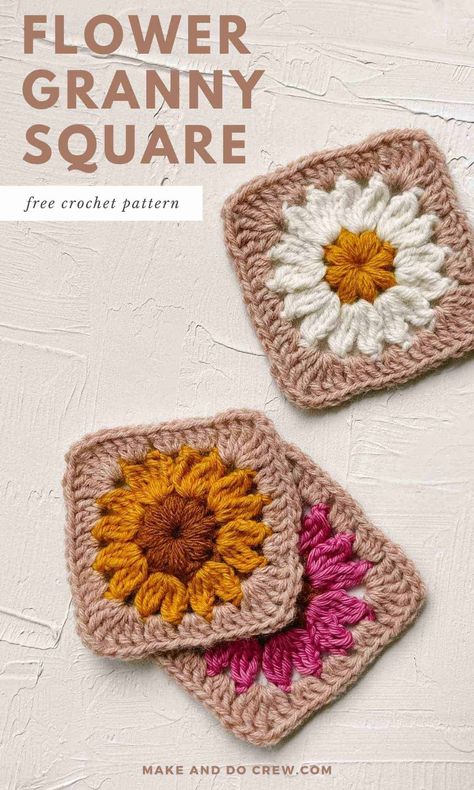 How To Crochet Gingham Pattern, Crochet Squares Flower, Granny Squares Sweater Pattern, How To Make A Flower Granny Square, Crochet Cylinder Pattern, Diy Granny Square Blanket, Fall Granny Square Pattern Free, Bobble Drops Flower Granny Square, Flower Crochet Pattern Granny Squares