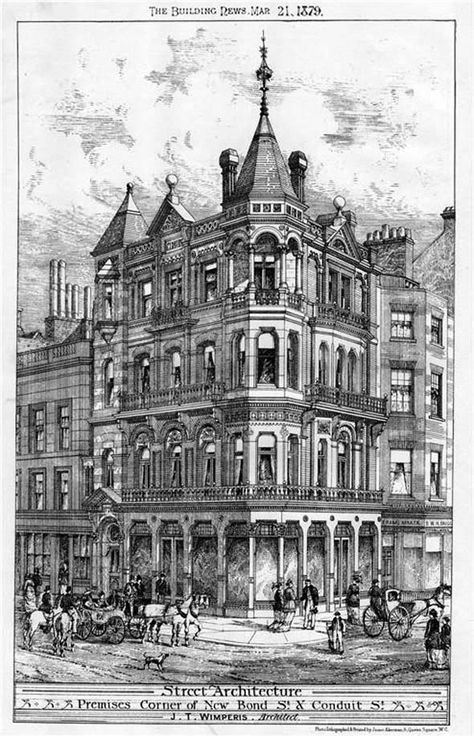 1879 – Commercial Premises, New Bond Street, London – Archiseek – Irish Architecture London Sketch, Edwardian Architecture, Bond Street London, Irish Architecture, Gothic Revival Architecture, Interior Design Masters, Fotografi Iphone, Victorian London, Victorian Buildings