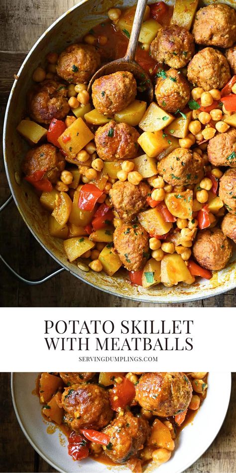 Potato Skillet with Meatballs Potato And Meatball Recipes, Meatballs With Potatoes, Meatballs And Potatoes Recipes, Meatball Potato Bake, Potatoes And Meatballs, Meatball Potato, Meatballs And Potatoes, Dinner With Potatoes, Oven Meatballs