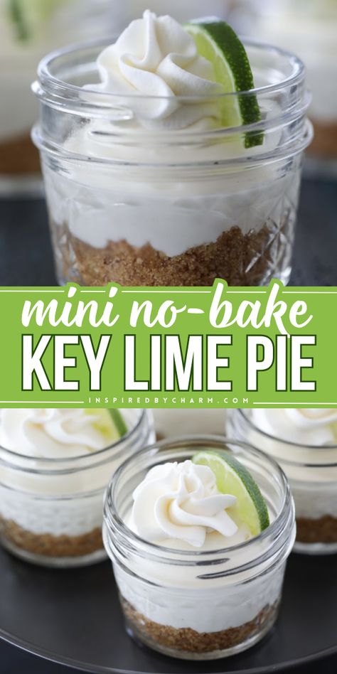 This mini key lime pie in a jar is an easy no-bake treat to whip up in just 20 minutes! Your spring treats to make must have these little pies. Made in mason jars, this no-bake key lime pie is a cute and delicious summer dessert for any celebration! Key Lime Pie In Mason Jars, Pie, Key Lime Pie Jars, Key Lime Pretzel Dessert, Key Lime Pie Mini Dessert Cups, No Bake Key Lime Pie In A Jar, Dessert For Bridal Shower Sweets, Key Lime Pie In A Jar, Mini Key Lime Pies No Bake