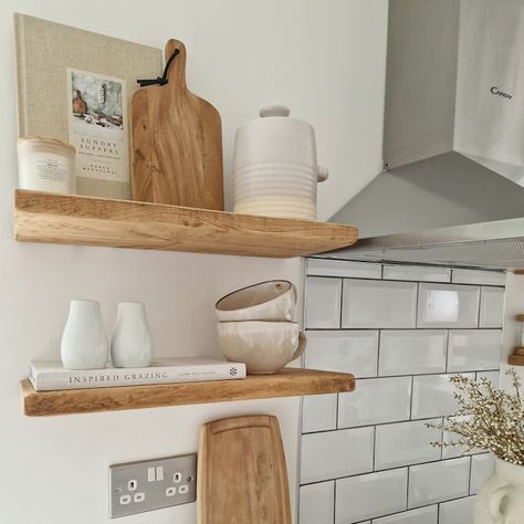 Kitchen Wooden Shelves Ideas, White Kitchen Wooden Shelves, Wood Shelf Unit, Scandi Kitchen Shelves, Kitchen Wall Shelves Decor, Wooden Kitchen Shelf Ideas, Wooden Floating Shelves Kitchen, Kitchen Floating Shelf Decor, Small Kitchen Shelving Ideas