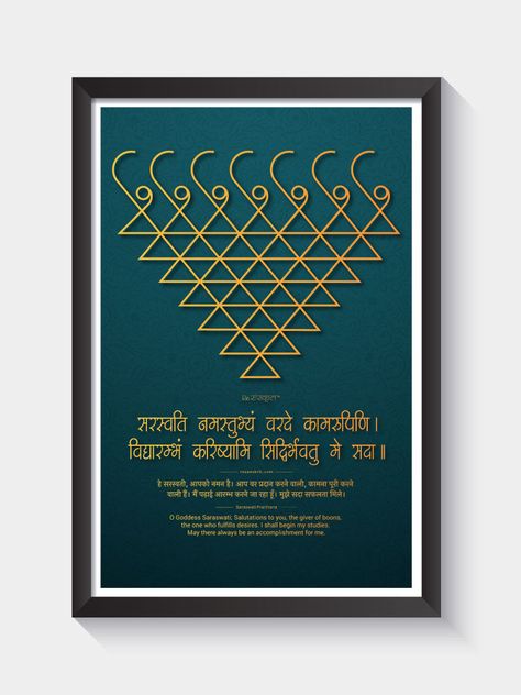 Saraswati Yantra Painting, Prayer Before Studying, Saraswati Painting, Wall Photo Frame, Saraswati Devi, Name Plate Design, Shri Yantra, Traditional Wall Art, Hindu Mantras