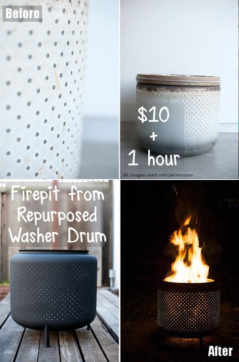 Have you ever thought you could reuse the drum in your old washer for something cool & practical? Well, you can & this is a brilliant, easy project. Washer Tub Fire Pit, Wash Tub Fire Pit, Diy Fire Pit Ideas, Washer Drum, Basketball Ring, Old Washing Machine, Washing Machine Drum, Diy Upcycling, Diy Fire Pit