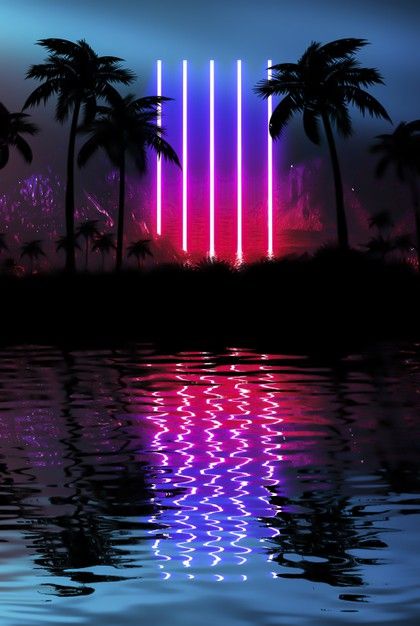 Neon palm tree, tropical leaves. reflect... | Premium Photo #Freepik #photo Tropical Flyer Background, Creative Background Design Graphics, Neon Palm Tree, Tropical Neon, Flyer Background, Tropical Night, Neon Jungle, Green Scenery, Church Media Design