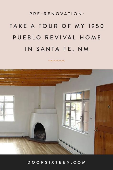 Tour the pre-renovation interior of my 1950 Pueblo Revival Allen Stamm home in Santa Fe, New Mexico Santa Fe, New Mexico Interior Design Santa Fe Style, Pueblo Revival Interior, New Mexico Aesthetic Home, New Mexico Interior Design, New Mexico Interior, Modern Santa Fe Style, New Mexico Aesthetic, Baseboard Radiator