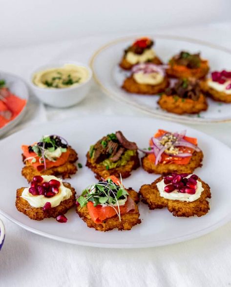 Latke Bar with Toppings - The Little Ferraro Kitchen Latke Topping Bar, Latke Bar Toppings, Latkes Toppings, Latke Toppings, Latke Bar, Hanukkah Party Food, Latkes Recipe, Potato Latke Recipe, Toppings Bar