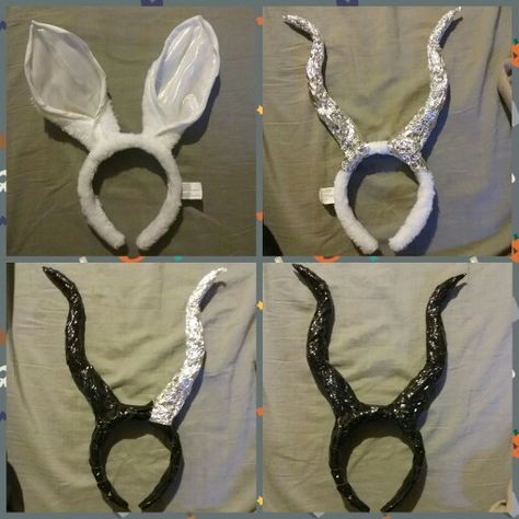 Maleficent horns made with dollar store bunny ears, aluminum foil,  & black duct tape. Malificent Head Piece, Maleficent Costume Diy Outfit, Maleficent Horns Diy, Diy Maleficent Costume, Diy Maleficent Horns, Maleficent Costume Diy, Maleficent Costume Kids, Maleficent Halloween Costume, Diy Horns