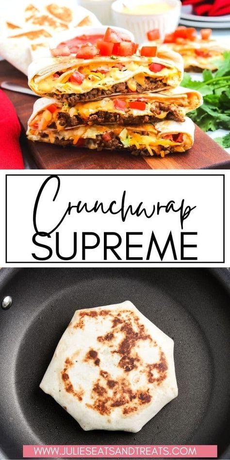 This easy homemade Crunchwrap Supreme is a copycat recipe that is full of taco seasoned ground beef, cheese, tomatoes and more! It's crispy on the outside and packed with flavor on the inside. This makes an easy dinner recipe that will have you skipping the drive-thru and making it at home! Appliance Shelves, Taco Supreme, Field Meals, Taco Bell Copycat, Homemade Crunchwrap, Crunchwrap Supreme, Seasoned Ground Beef, Tortilla Shells, Homemade Crunchwrap Supreme