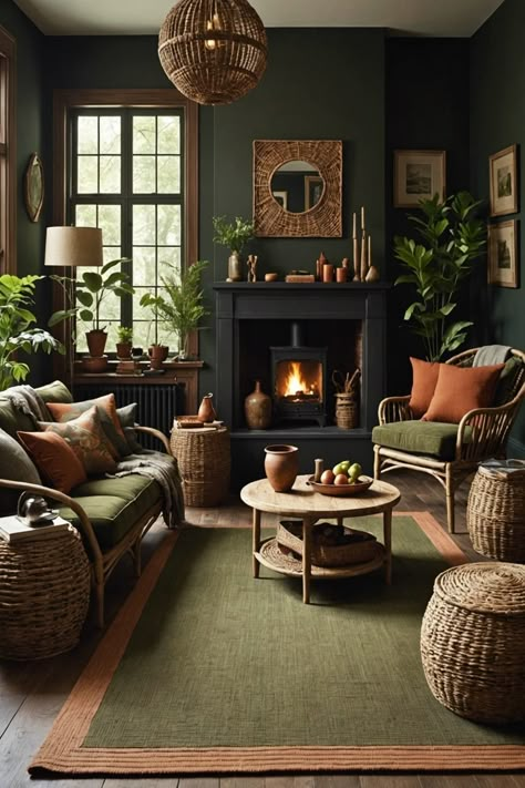 20 Dark Living Room Ideas – ToolzView Black And Brown Moody Living Room, Snug Decorating Ideas, Dark Paint Living Room Cozy, Moody Green Sitting Room, Dark Vibes Living Room, Living Room With Dark Green Wall, Dark Moody Living Room Ideas, Dark Green Maximalist Living Room, Dark Mcm Living Room