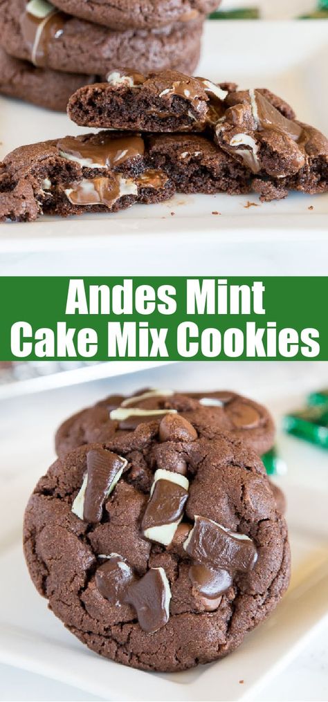 Andes Mint Cake Mix Cookies - Combine 2 favorites, Andes Mint Cookies and Cake Mix Cookies into one and get these super easy, chocolate-y, and fudgy cookies! Mint Cake Mix Cookies, Andes Mint Cake, Andes Candies, Fudgy Cookies, Cookies 2023, Andes Mint Cookies, Andes Mint Chocolate, Fudgy Cake, Chocolate Christmas Cookies