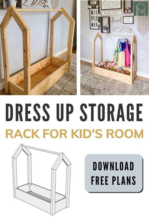 Wooden Dress Up Rack, Daycare Dress Up Area, Diy Princess Wardrobe, Playroom Dress Up Storage, Hanging Dress Up Clothes On Wall, Princess Dress Storage Diy, Diy Toy Room Storage, Kids Clothe Storage, Diy Dress Up Clothes Storage