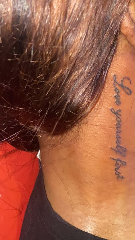 Small Tattoo Ideas For Wrists, Heavenly Neck Tattoos, Mini Neck Tattoos Women, Black Neck Tattoos Women, Best Friend Tattoos Behind Ear, Side Of The Neck Tattoos, Word Neck Tattoos Women, Time Waits For No One Tattoo, Neck Tattoos Black Women