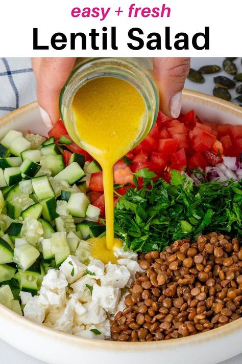 You’ll be making this Lentil Salad on repeat! Fresh veggies, creamy feta and a tangy lemon dressing that you’ll want more with every spoon! Lentils Salad, Asian Inspired Salad, Canned Lentils, Vegan Feta Cheese, Creamy Feta, Dried Lentils, Toasted Pumpkin Seeds, Bbq Food, Fun Salads