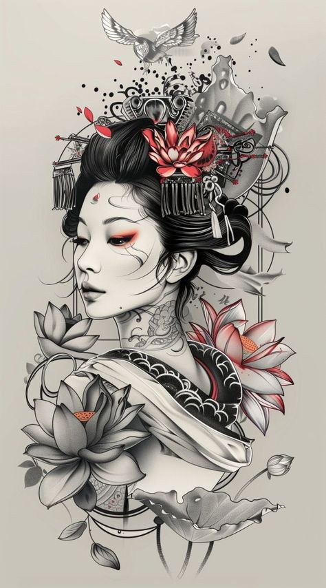 Explore beautiful geisha tattoos, including traditional and modern designs. . #Asian_Tattoos_Design #Trad_Japanese_Tattoo_Sleeve #Geisha_Tattoo_Back #Rich_Tattoo_Design Geisha Tattoo Back, Japanese Geisha Tattoo Traditional, Rich Tattoo Design, Japanese Tattoo Art Geisha, A Geisha Tattoo, Geisha Girl Tattoo, Chinese Tattoo Art, Geisha Tattoo Sleeve, Female Samurai Tattoo