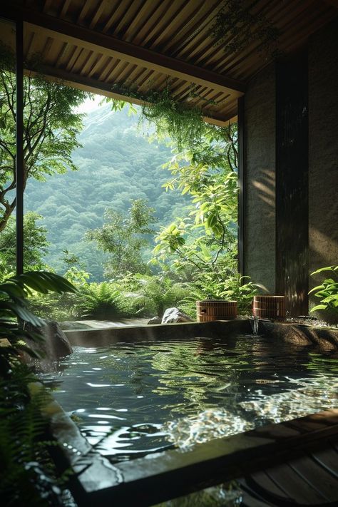 Forest Inspired Bathroom, Hot Spring Aesthetic, Forest House Aesthetic, Rainforest House, Relaxing Spaces, Minimalism Home, Zen House, Jungle House, Pretty Landscapes