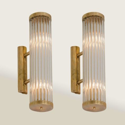 PAIR OF VENINI WALL LIGHTS Italian, 1950s, cylindrical brass wall lights on arms, signed 'Venini.' Art Deco Bathroom Lighting, Deco Cinema, Brass Wall Lights, Ship Light, Lampe Art Deco, Contemporary Art Deco, Art Deco Bathroom, Wall Scones, Art Deco Wall