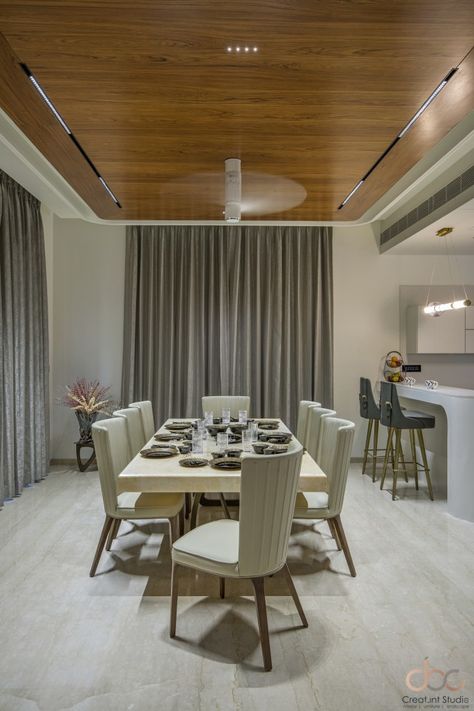 A Luxurious, Contemporary 4BHK Villa In Baroda | Creat.int Studio - The Architects Diary Drawing Room Concept, Room Concept, Cladding Design, Luxury Closets Design, Dinning Room Design, Ceiling Design Modern, Concept Ideas, Wooden Ceilings, Living Room Ceiling