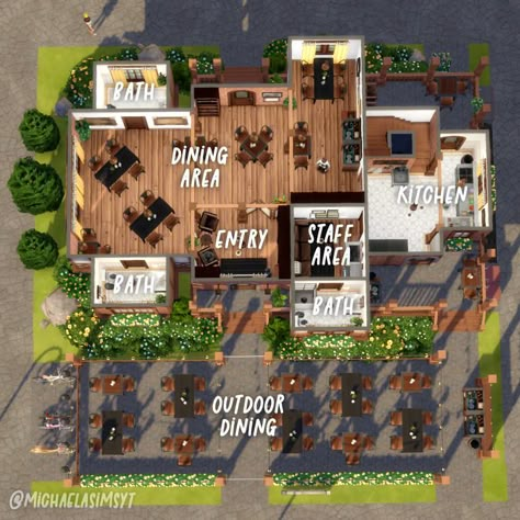 Minecraft Restaurant, Cafe Floor Plan, Sims 4 Restaurant, Snowy Escape, Restaurant Floor Plan, Sims 4 Houses Layout, Restaurant Exterior Design, Restaurant Layout, Sims 4 House