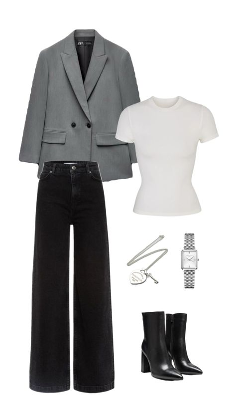 Neutral Outfit Idea | Closet Basics #outfitinspo #zara #heeledboots #blackboots #blazer #silver Silver Blazer Outfit, Old Money Women, Silver Outfit, Closet Basics, Pant Top, Autumn 23, Uni Fits, Blazer Outfits For Women, My Style Outfits