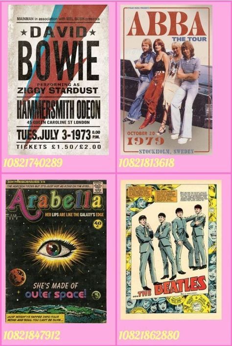 Album Cover Wall Decor Bloxburg, 90s Decals Bloxburg, 50s Bloxburg Decals, Band Poster Codes For Bloxburg, Decal Ideas For Bloxburg, Band Poster Decals Bloxburg, Roblox Album Decal Codes, Bloxburg Picture Codes Spiderman, Id For Bloxburg Pictures