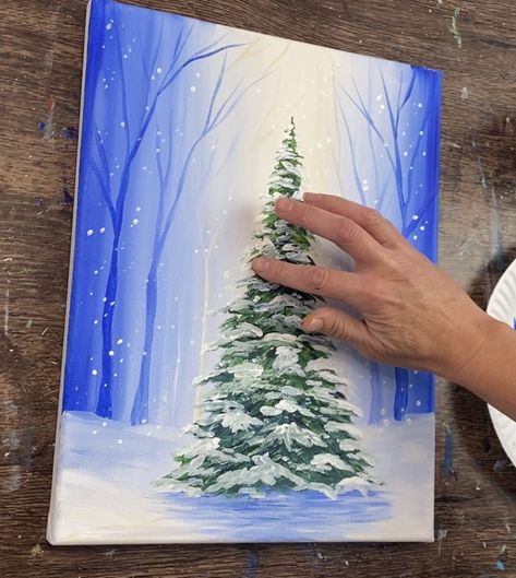 How To Paint A Christmas Tree On Canvas, How To Paint A Christmas Tree, Easy Christmas Tree Painting, Painting A Christmas Tree, Christmas Tree Painting Ideas, Snowy Forest Background, Christmas Tree On Canvas, Paint A Christmas Tree, Paint Christmas