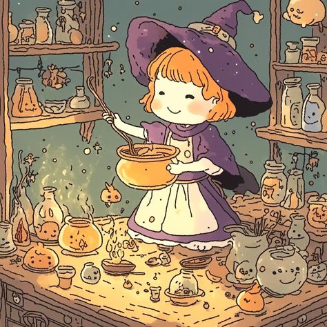 ✨ Step into a Magical World with This Adorable Cartoon Witch Artwork! ✨  Transform your space with this charming digital artwork featuring a cute cartoon witch busy mixing potions in her cozy cottage. With its whimsical design and cozy vibes, this artwork is perfect for adding a touch of magic to your Halloween decor or year-round witchy theme. Instantly downloadable, it's easy to print and frame for a delightful addition to any room.  Instant download--get it right away and start decorating!  ️ Why You'll Love It:  Adorable, whimsical design that brings warmth and magic to any space  Perfect for Halloween decor, cozy nooks, or witch-themed rooms  Quick and easy to download and print--decorate your space with a touch of magic instantly!  A fun and charming addition to any witchy or Hallowe Witch Cottage Drawing, Witch Making Potion, Cute Witch Aesthetic, Halloween Illustration Cute, Cute Witch Art, Cozy Artwork, Witchy Illustration, Potion Art, Spell Art