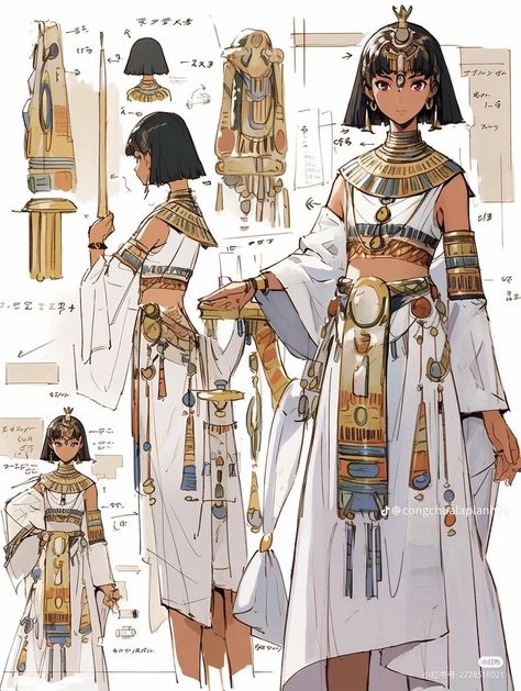 Egyptian Style Clothes, Egyptian Character Design, Egyptian Dress, Comic Reference, Colored Characters, Egyptian Clothing, Anime Egyptian, Egyptian Women, Anime Outfit