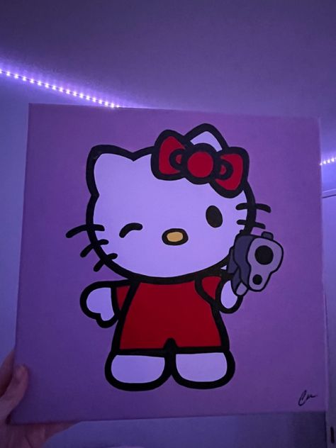 Brats Doll Painting, Easy Paintings Hello Kitty, Cute Kawaii Paintings On Canvas, Hello Kitty Easy Painting, Painting Y2k Ideas, Easy Painting Ideas On Canvas Nightmare Before Christmas, Hello Kity Paintings, Hello Kitty Aesthetic Painting, Hello Kitty Art Ideas