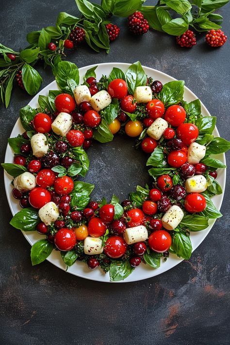 Peanut Butter Rice Krispie Balls - MmmRecipes : Easy and Delicious Recipes Salad Wreath Christmas, Christmas Wreath Veggie Tray, Christmas Caprese Salad, Christmas Food Wreath, Christmas Gathering Food Ideas, Caprese Salad Christmas, Caprese Salad Wreath, Bocconcini Recipes, Christmas Veggie Tray Ideas