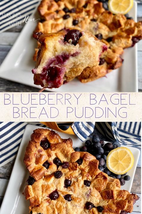 Turn your stale Blueberry Bagels into the perfect treat with this delicious Blueberry Bagel Bread Pudding! Bread Pudding With Bagels, Bagel Bread Pudding, Stale Bagel Recipes, Bagel Bread Pudding Recipe, Bread Pudding Muffins, Easy Blueberry Bread, Best Bread Pudding Recipe, Bagel Bread, Blueberry Bagel