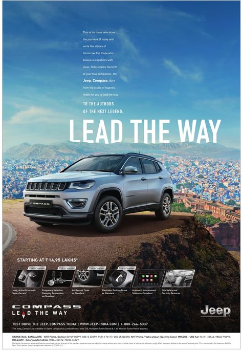 jeep-compass-lead-the-way--ad-times-of-india-bangalore. Check out more Car Advertisement Collection at https://www.advertgallery.com/product-category/advertisements-by-category/automotive Car Advertisement, Car Advertising Design, Car Banner, Automobile Advertising, Social Media Advertising Design, Ad Car, Car Inspiration, Car Advertising, Jeep Compass