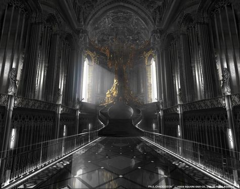 Massive Throne Room | ArtStation - Final Fantasy XV | Kingsglaive | Audience chamber, Paul Chadeisson Bg Design, Fantasy Rooms, Throne Room, Fantasy Castle, Fantasy City, Fantasy Setting, Fantasy Places, Final Fantasy Xv, Futuristic City