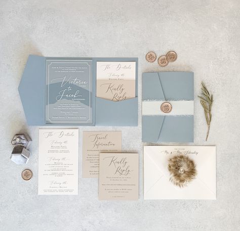 Tri Fold Invitation Wedding, Shades Of Blue Wedding Invitations, Wedding Formal Invitations, Wedding Invitation Sets Layout, Dusty Blue Invitations Wedding, Dusty Blue And Terracotta Wedding, Blue And Tan Wedding, June Wedding Colors Schemes, Modern Wedding Invitations Minimalist