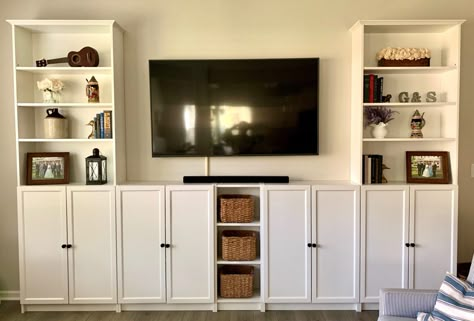 DIY Faux "Built-Ins" with IKEA Billy Bookcases | The Regular Folks Ikea Playroom With Tv, Ikea Media Wall, Ikea Shelf Hack, Billy Ikea, Ikea Built In, Billy Bookcases, Billy Bookcase Hack, Tv Fal, Ikea Billy Bookcase Hack