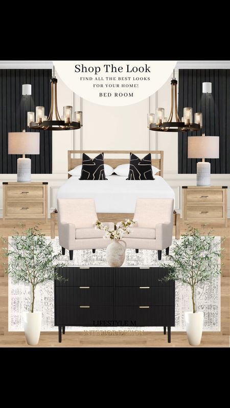 Black White And Cream Bedroom, Modern Farmhouse Bedroom Design, Black Dresser Bedroom, Nightstands Wood, Atl Apartment, Modern Chandelier Bedroom, Farmhouse Bedroom Design, Transitional Bedroom Design, Form Studies