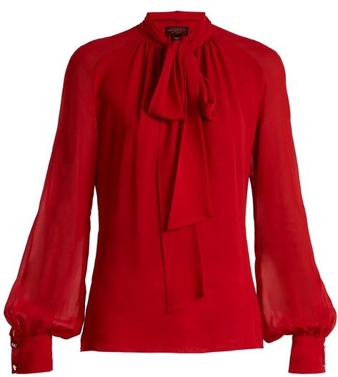 GIAMBATTISTA VALLI Tie-neck silk-georgette blouse Tie Blouse Outfit, Silk Blouse Outfit, Red Silk Blouse, Bow Tie Dress, Georgette Blouse, Blouse Neck, Tie Neck Tops, Balloon Sleeve Blouse, Red Tie